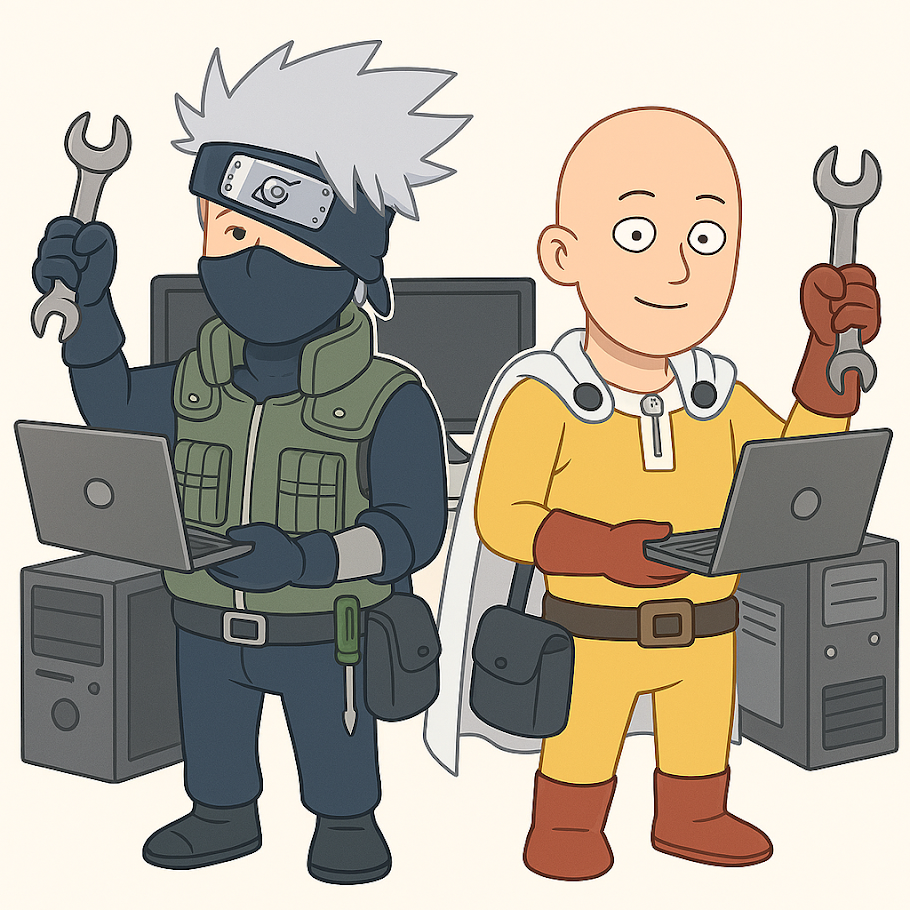 Kakashi e Saitama fazendo manutenção de computadores